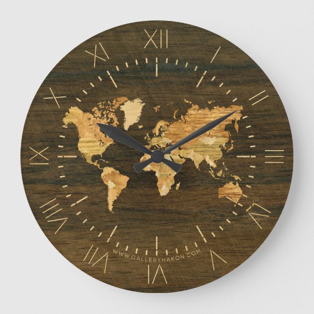 Wooden World Map Große Wanduhr (Vorderseite)