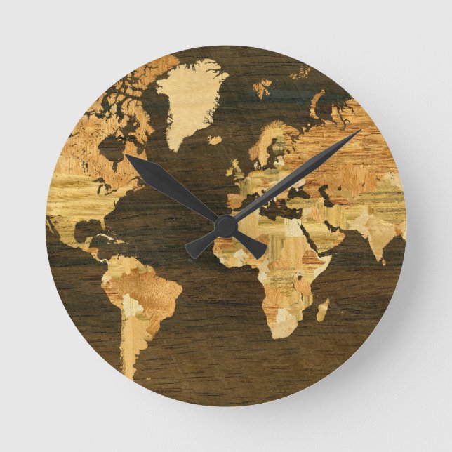 Wooden World Map Runde Wanduhr (Vorderseite)