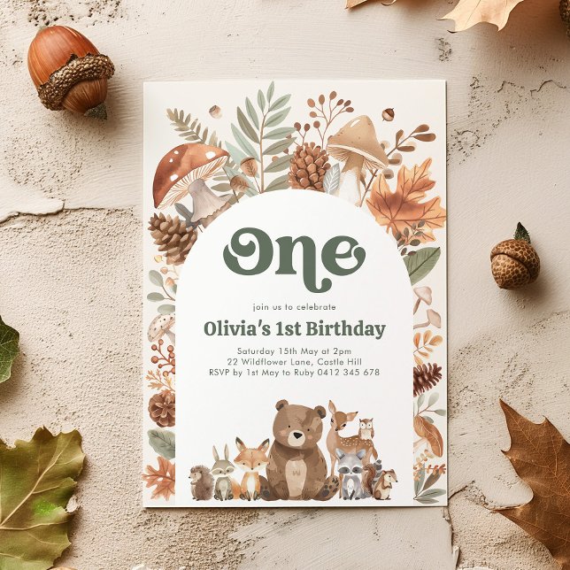 Woodland 1st Birthday Wild One Forest Animals Einladung (Woodland 1st Birthday Invitation)