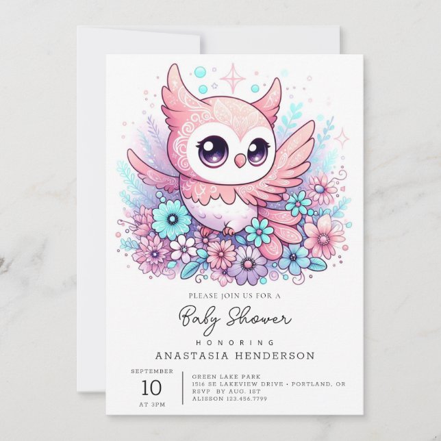 Woodland Adorable Owl Babydusche Einladung (Vorderseite)