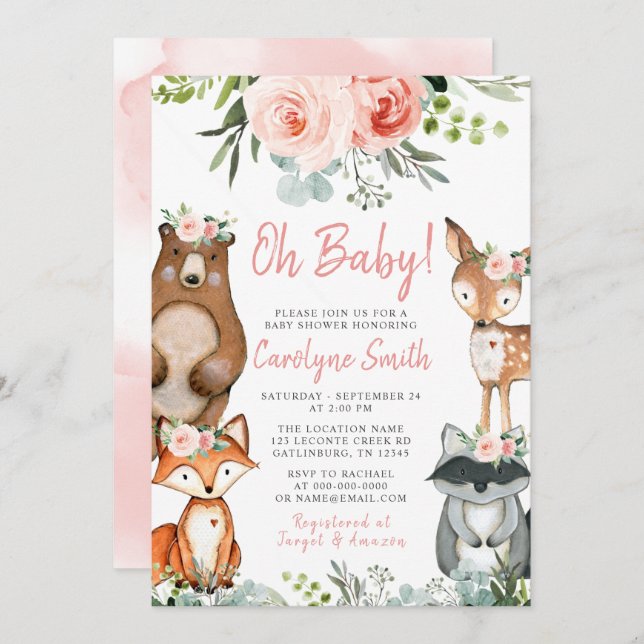 Woodland Animal Baby Shower Einladung Grüne (Vorne/Hinten)