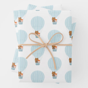 Woodland Animal Blue Heißluftballon Geschenkpapier Set