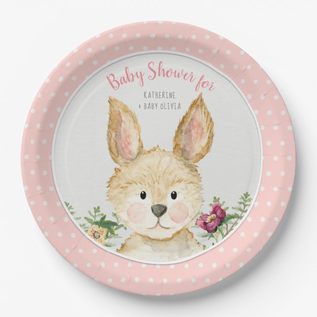 Woodland Animal Boho Bunny Rabbit Pink Baby Dusche Pappteller (Vorderseite)