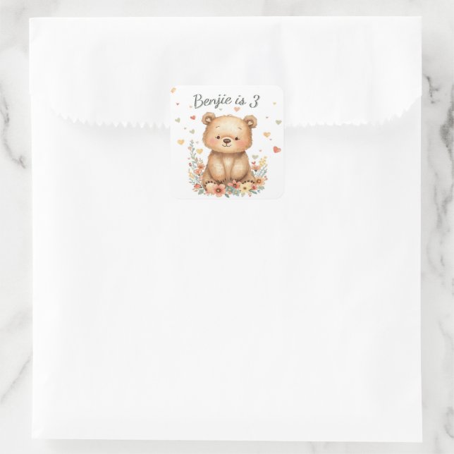Woodland Animal Cute Bear Pastel Hearts Floral Quadratischer Aufkleber (Tasche)
