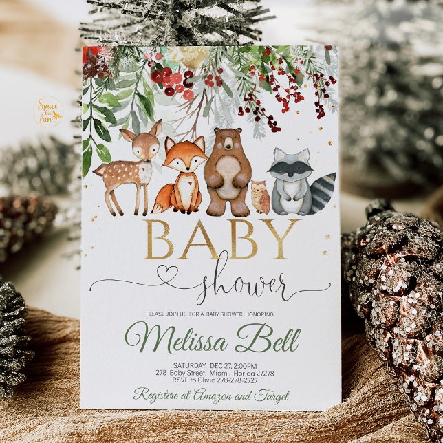 Woodland animal Forest Baby Showroom Einladung (Woodland Forest Animal Baby Shower invitation with cute forest creatures like deer, foxes, and bears)