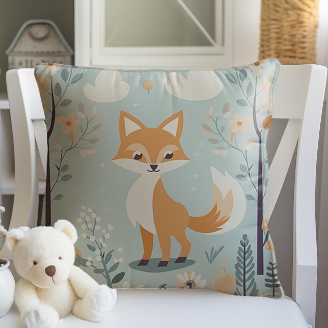 Woodland Animal Fox Themed, Blue Baby Boy Kinderzi Kissen (Blue woodland fox, Cute Animals, Baby Boy Nursery Pillow,)