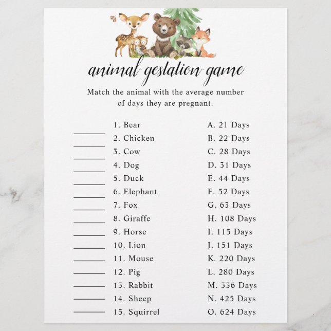 Woodland Animal Gestation Game Baby Shower Flyer (Vorne)