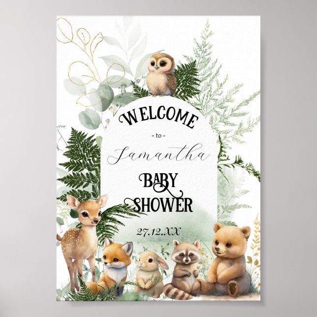 Woodland animal Greenery Forest Baby Shower welcom Poster (Vorne)