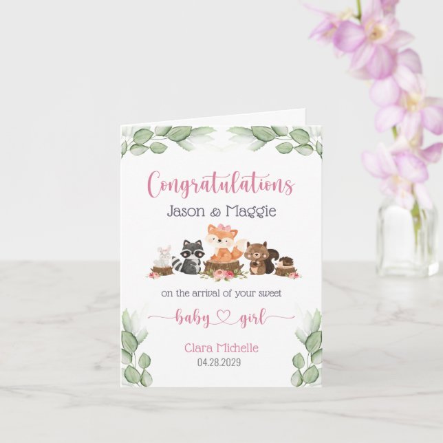 Woodland Animal New Baby Girl Gratulation Karte (Orchidee)