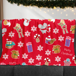 Woodland Animal Pattern Red Frohe Weihnachten Fleecedecke
