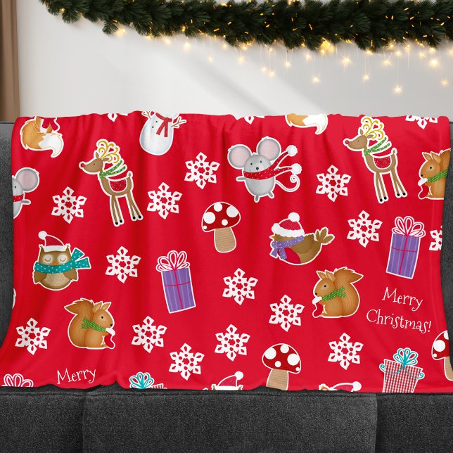 Woodland Animal Pattern Red Frohe Weihnachten Fleecedecke (Von Creator hochgeladen)