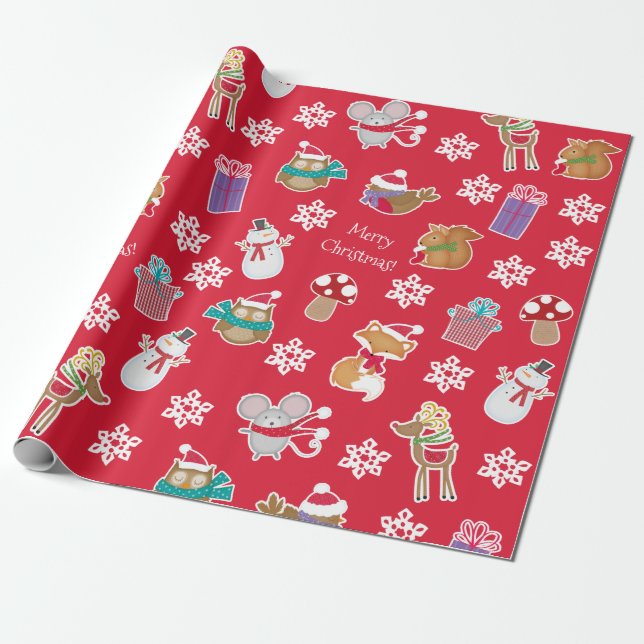Woodland Animal Pattern Red Frohe Weihnachten Geschenkpapier (Ungerollt)