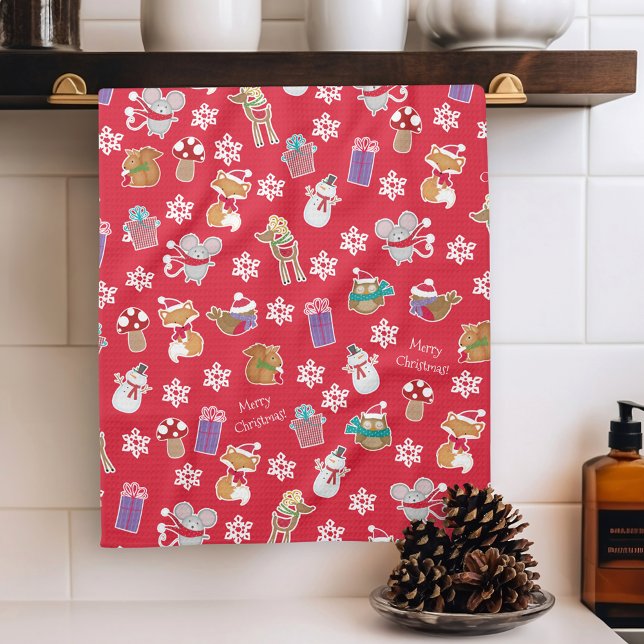 Woodland Animal Pattern Red Frohe Weihnachten Geschirrtuch (Von Creator hochgeladen)