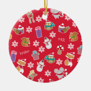 Woodland Animal Pattern Red Frohe Weihnachten Keramik Ornament