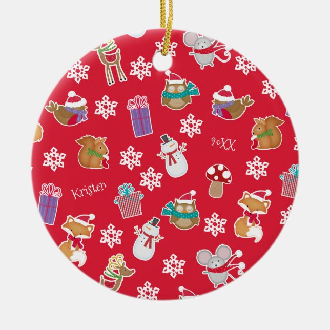 Woodland Animal Pattern Red Frohe Weihnachten Keramik Ornament (Vorne)
