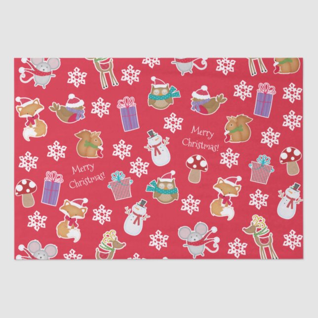 Woodland Animal Pattern Red Frohe Weihnachten Seidenpapier (Vorderseite)