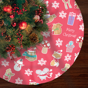 Woodland Animal Pattern Red Merry Christmas Polyester Weihnachtsbaumdecke