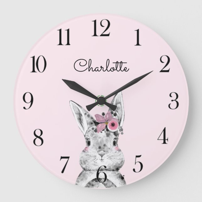 Woodland Animal Pink Watercolor Baby Name Kinderzi Große Wanduhr (Vorderseite)