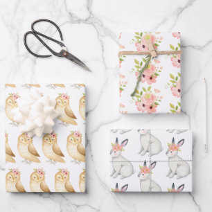 Woodland Animal Prints Pink Florals Geschenkpapier Set