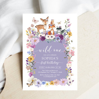 Woodland Animal Wild One Wildflower 1st Birthday Einladung