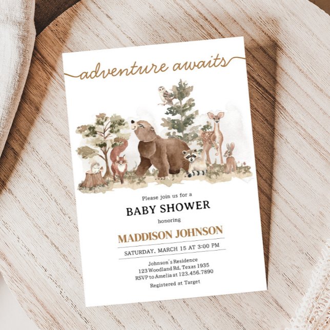 Woodland Animals Adventure erwartet Baby Shower Einladung (Adventure Awaits Woodland Animals Baby Shower Invitation)