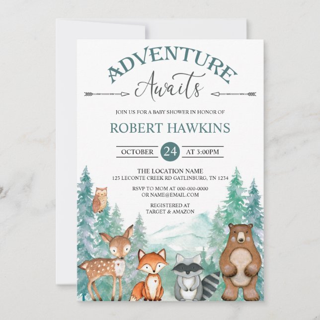 Woodland Animals Adventure erwartet Baby Shower In Einladung (Vorderseite)