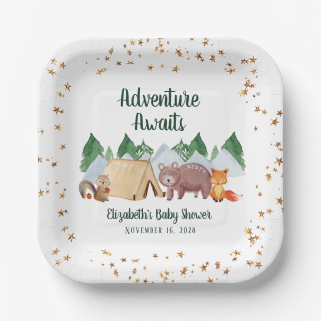 Woodland Animals Adventure erwartet Baby Shower Pappteller (Vorderseite)