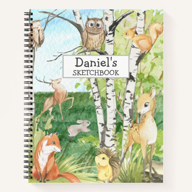Woodland Animals Aquarell Individuelle Name Sketch Notizbuch (Vorderseite)