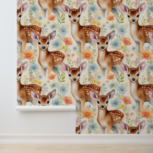 Woodland Animals Baby Deer Fawn Floral Creme Tapete