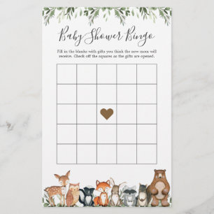 Woodland Animals Baby Dusche Bingo Spiel