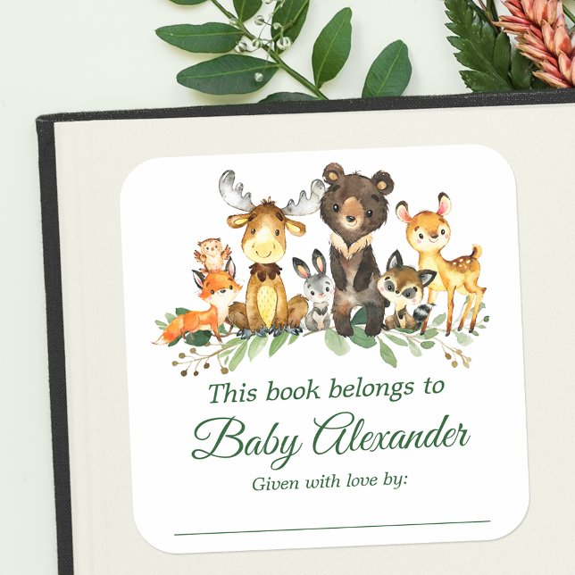 Woodland Animals Baby Dusche Buchzeichen Labels Quadratischer Aufkleber (Customize to change text size, color or text style.)