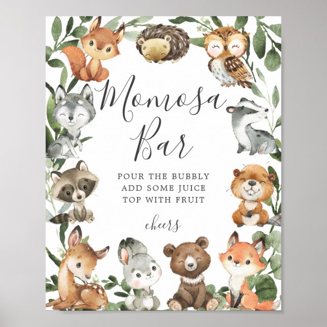Woodland Animals Baby Dusche Mimosa Bar Zeichen Poster (Vorne)