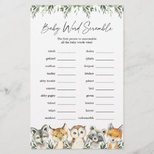 Woodland Animals Baby Dusche Word Scramble Game