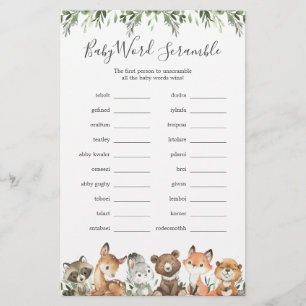 Woodland Animals Baby Dusche Word Scramble Game