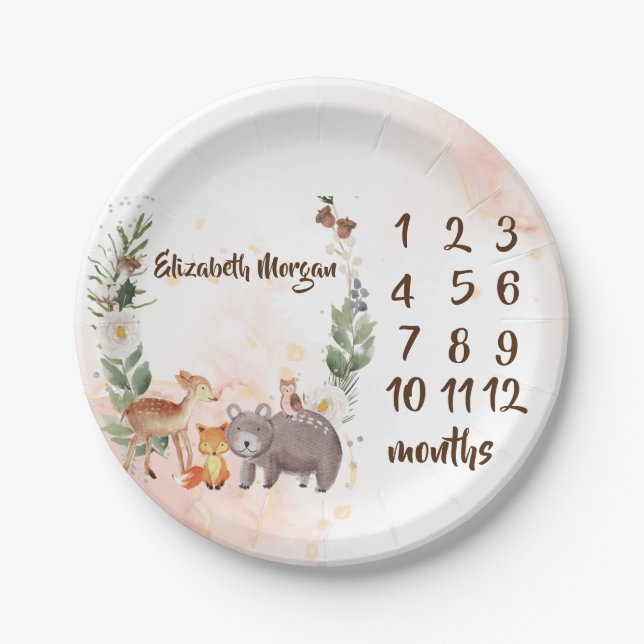 Woodland Animals Baby Girl Month Milestone Pappteller (Vorderseite)