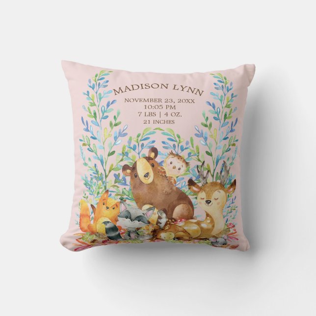 Woodland Animals Baby Girls Birth Stats Pillow Kissen (Vorderseite)