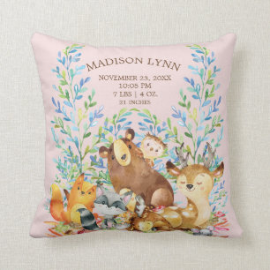 Woodland Animals Baby Girls Birth Stats Pillow Kissen
