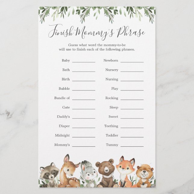 Woodland Animals Baby Shower beenden Mommy's Phras (Vorderseite)