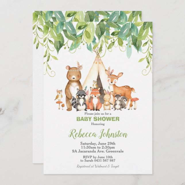 Woodland Animals Baby Shower Forest Grüne Junge Einladung (Vorne/Hinten)