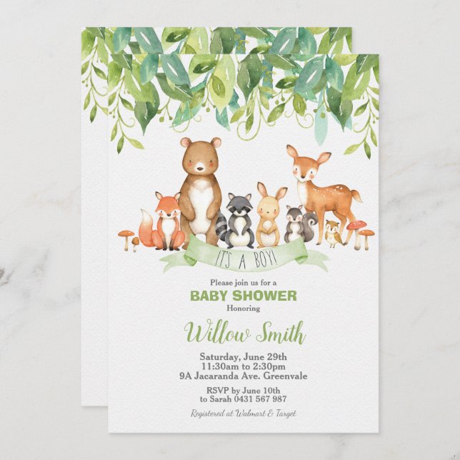 Woodland Animals Baby Shower Forest Grüne Junge Einladung (Vorne/Hinten)