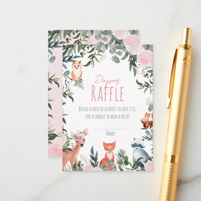 Woodland Animals Baby Shower Girl Diaper Raffles Begleitkarte (Vorderseite/Rückseite Beispiel)