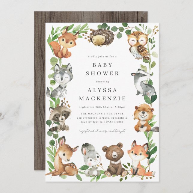 Woodland Animals Baby Shower Invitation Einladung (Vorne/Hinten)