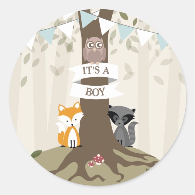 Woodland Animals Baby Shower - Junge Runder Aufkleber (Vorderseite)