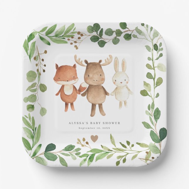 Woodland Animals Baby Shower Paper Plates Pappteller (Vorderseite)