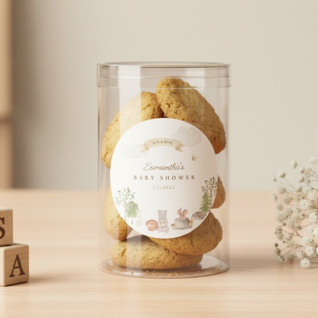 Woodland Animals Baby Shower Runder Aufkleber (Woodland Baby Shower Sticker)