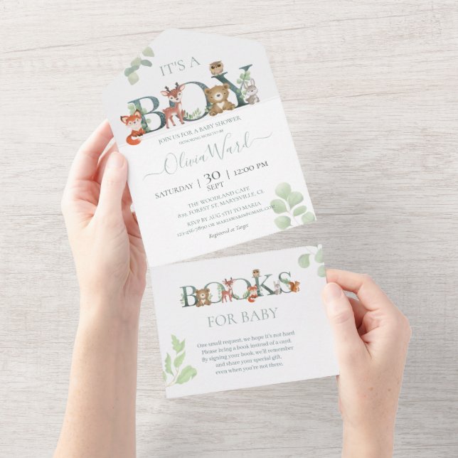 Woodland Animals Babydusche | Bücher für Kinder All In One Einladung (Abreißen)