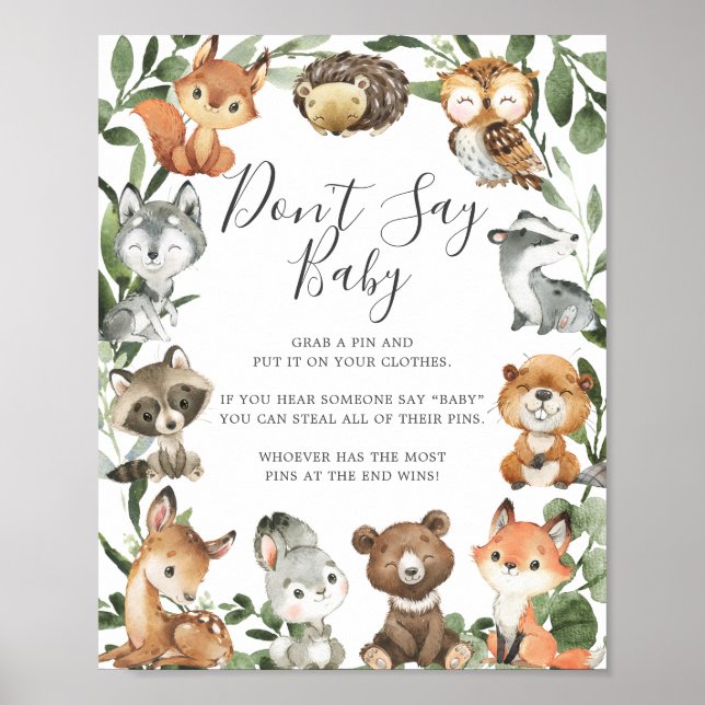 Woodland Animals Babydusche Sage kein Baby-Zeichen Poster (Vorne)