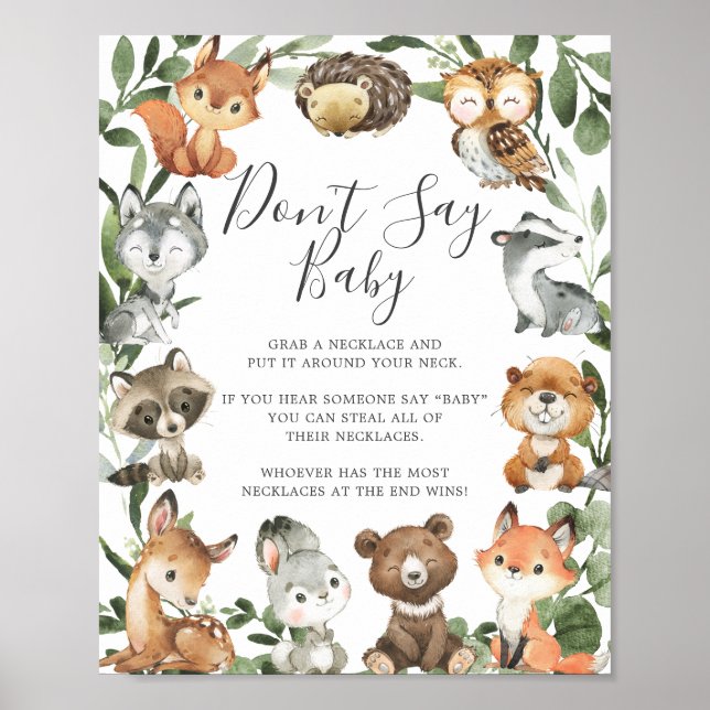 Woodland Animals Babydusche Sage kein Baby-Zeichen Poster (Vorne)
