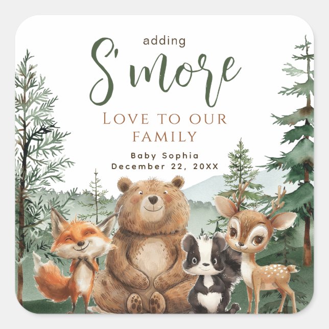 Woodland Animals Babydusche S'mores Gefallen Quadratischer Aufkleber (Vorderseite)