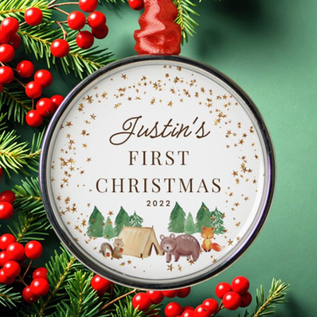 Woodland Animals Baby's First Christmas Ornament Aus Metall (Von Creator hochgeladen)